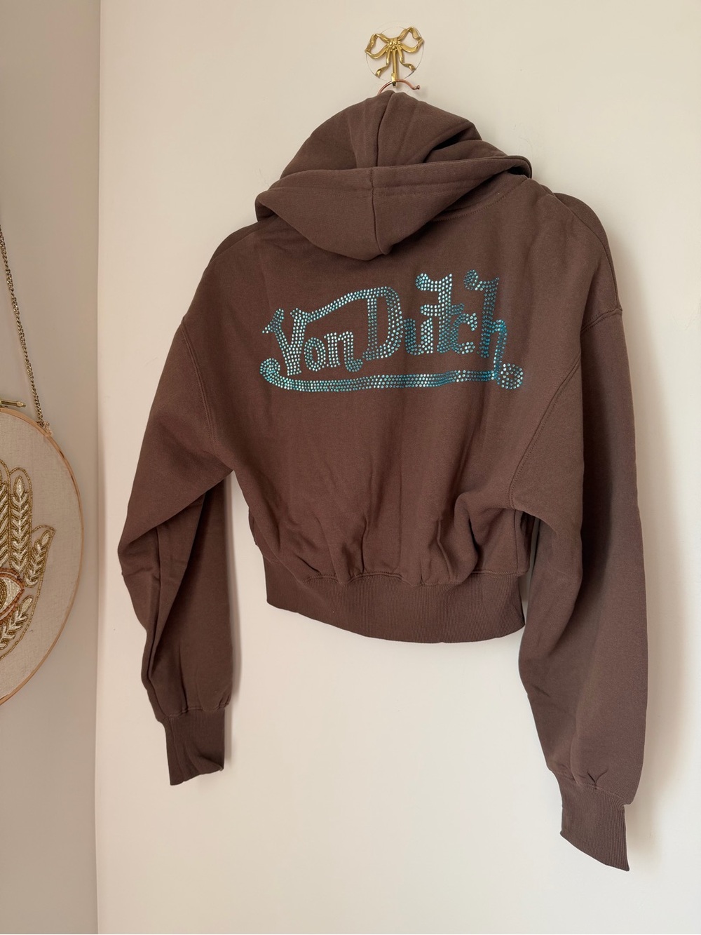 Von Dutch Brown Hoodie with Turquoise Rhinestone Logo